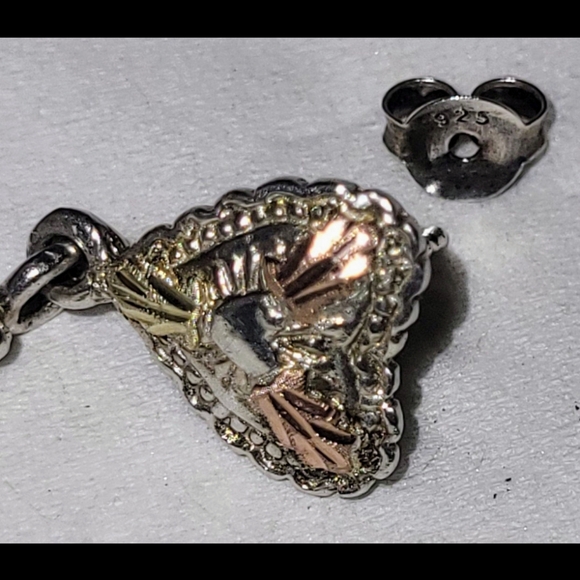 Vintage Navajo Sterling & Black Hills Gold Heart & Feather Earrings - Picture 4 of 7